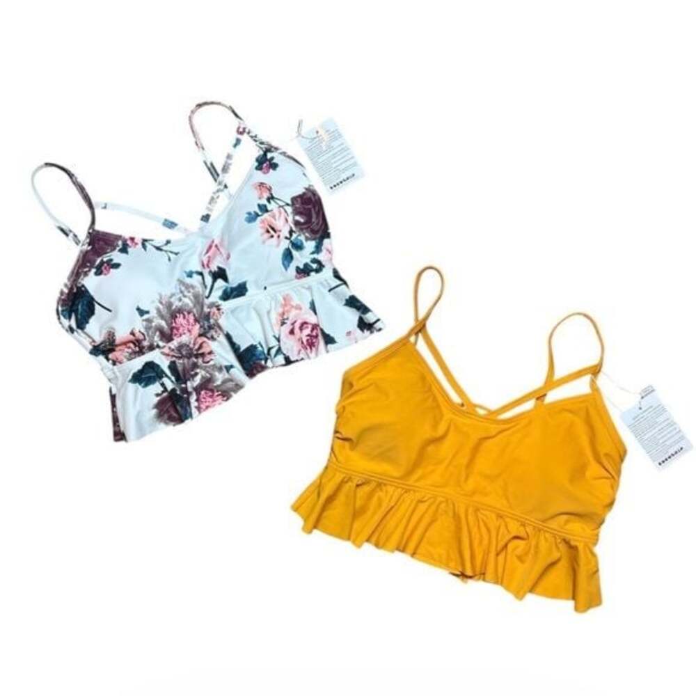 Floral & Yellow COCOSHIP Ruffle Bralette Swim Top Set Size M 2 for 1